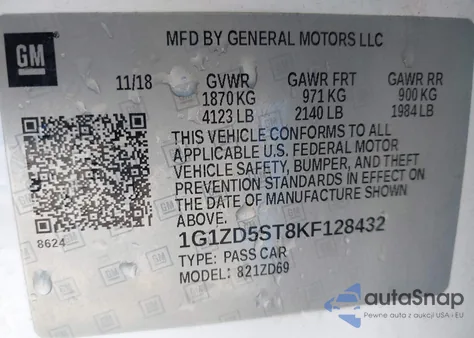 2019 Chevrolet Malibu Lt from USA, damaged, VIN 1G1ZD5ST8KF128432
